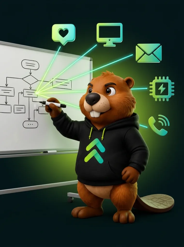 Brix, la mascota de skuadix, mostrando el timeline de implementación de 30 días para crecimiento empresarial