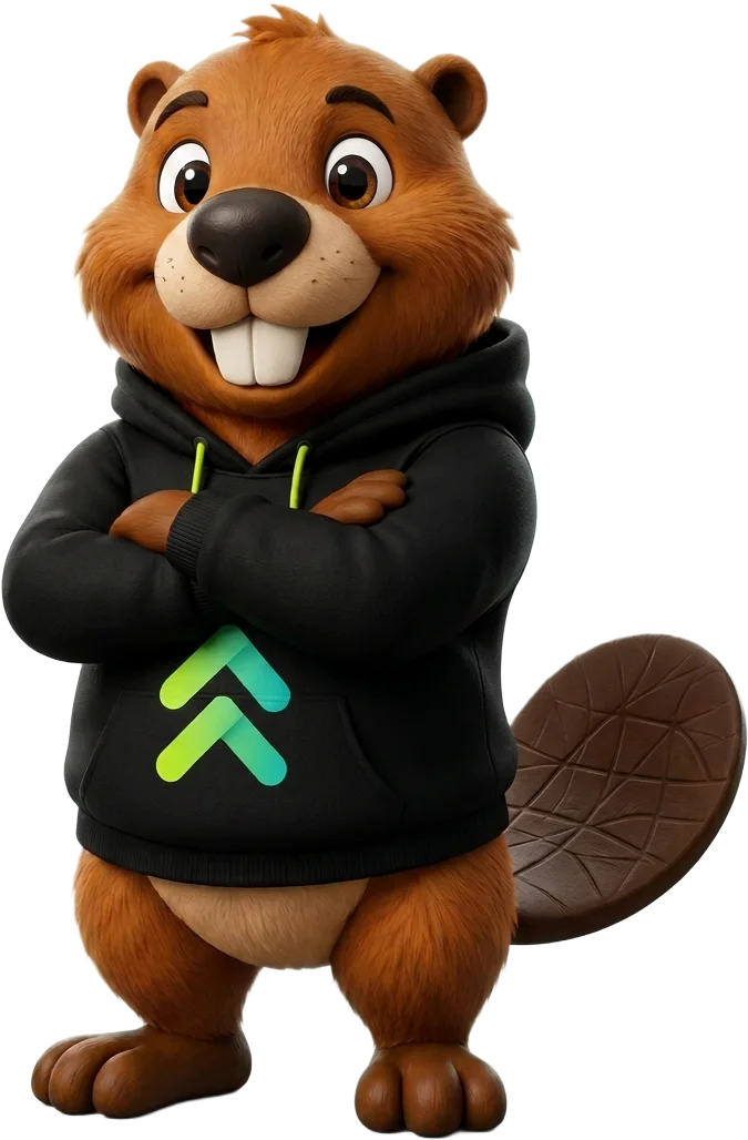 Brix, la mascota castor de skuadix, representando al equipo multidisciplinario de especialistas